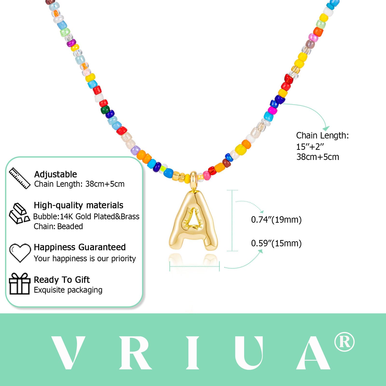 Colliers initiaux colorés VRIUA pour femmes – Collier lettre bulle A Collier fait main perlé Colliers délicats d'été pour la plage Colliers bohèmes pour femmes Collier ras du cou mignon tendance bijoux