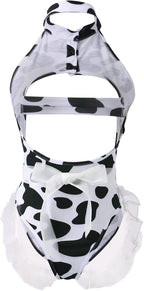 FYMNSI Women Sexy Milk Cow Lingerie Set Anime Maid Cosplay Costume Mini Bikini Bra Bodysuit with Bell Choker Stockings Outfit
