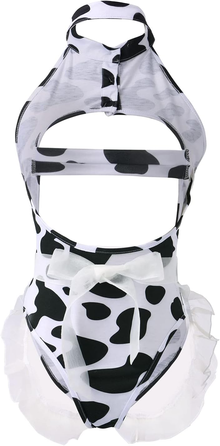 FYMNSI Women Sexy Milk Cow Lingerie Set Anime Maid Cosplay Costume Mini Bikini Bra Bodysuit with Bell Choker Stockings Outfit