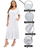 پیراهن‌های سایز بزرگ LARACE برای زنان، تابستانی، کژوال، آستین کوتاه، پیراهن بلند و روان، ماکسی ساحلی با جیب، سایز L-5XL (سفید 2X)