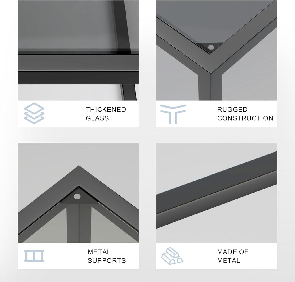 YMYNY Glass Coffee Table, Tempered Glass Square Coffee Tables with Metal Frame, Unique Modern Table for Living Room Home Office 26.77" x 26.77" x 15.75", Black Grey, UHCT001H