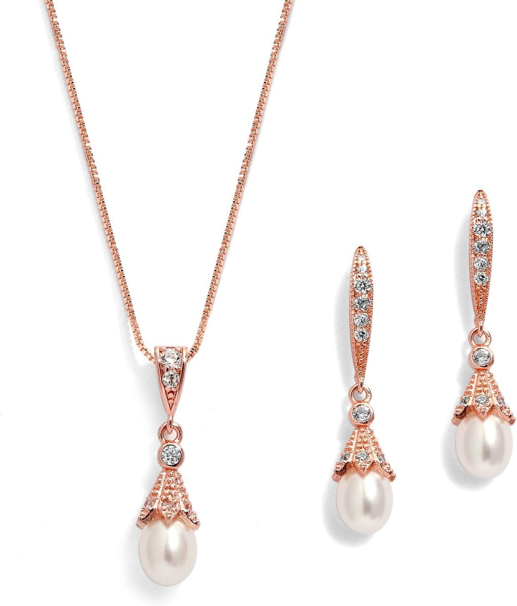 Mariell Rose Gold Wedding Necklace & Earrings Jewelry Set with Freshwater Pearl for Bridesmaids & Brides