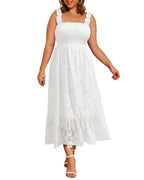 Women Plus Size Summer Maxi White Dress Floral Spaghetti Strap Casual Beach Smocked Sleeveless Long Flowy Sundress