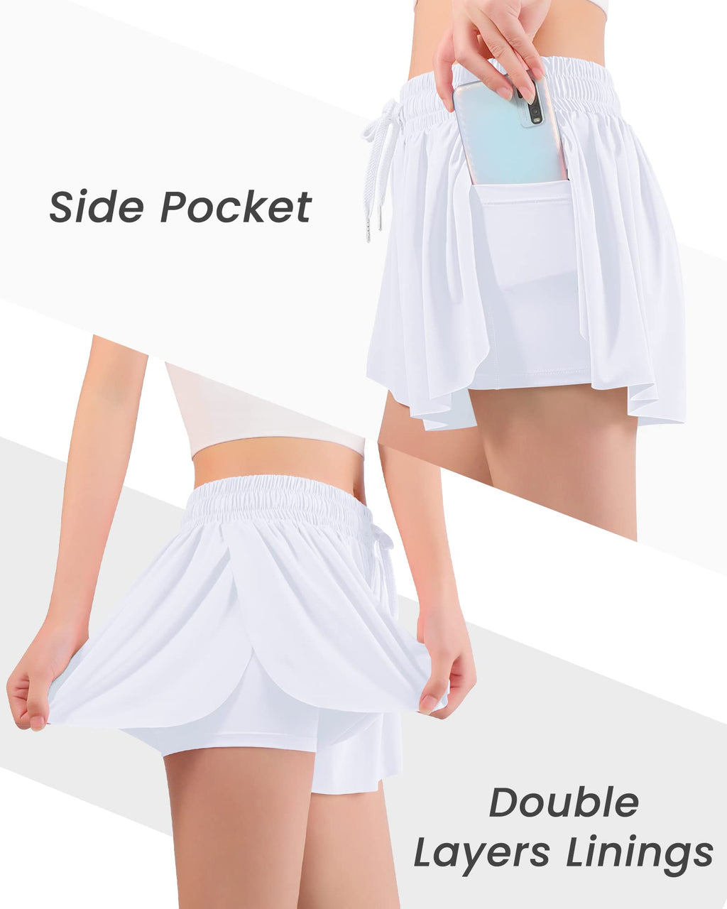 Auranso pige flydende shorts med lomme 2-i-1 atletiske løb sommerfugleshorts hvide 9-10 år