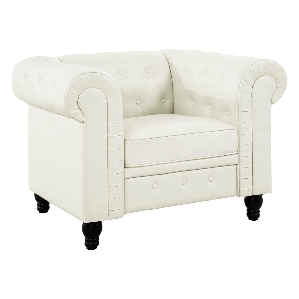 Emery Chesterfield 3 Piece Living Room Sectional Sofa Set Rolled Arms, Tufted Cushion Sofas for Living Room Set Includes Sofa, Loveseat Couch, Accent Arm Chair / Easy Tool-Free Assembly – Off White