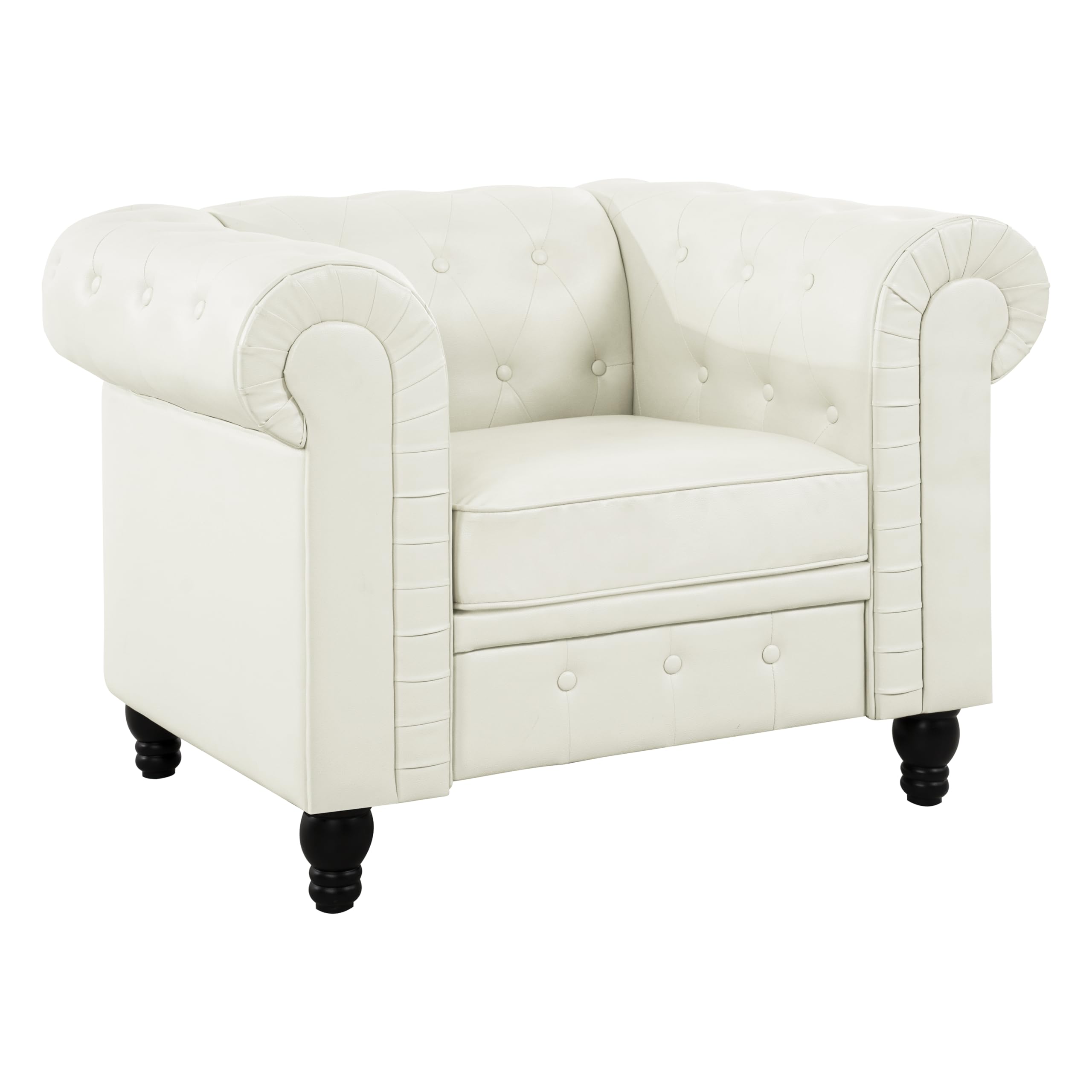 Emery Chesterfield 3 Piece Living Room Sectional Sofa Set Rolled Arms, Tufted Cushion Sofas for Living Room Set Includes Sofa, Loveseat Couch, Accent Arm Chair / Easy Tool-Free Assembly – Off White