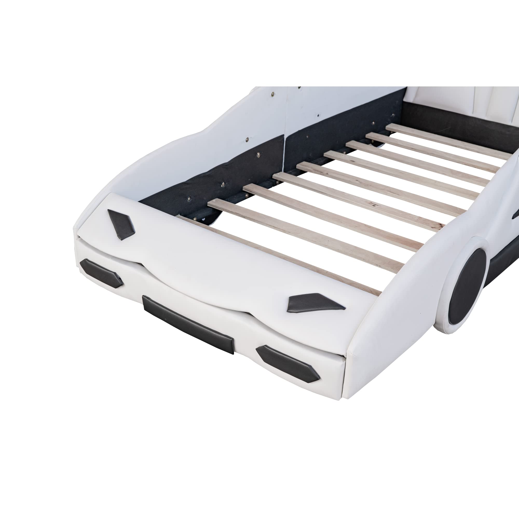Cadre de lit voiture taille simple pour garçons, lit voiture de course avec roues, lit voiture taille simple pour enfants, lit voiture de course en forme de voiture taille simple pour enfants avec barrière de sécurité, blanc