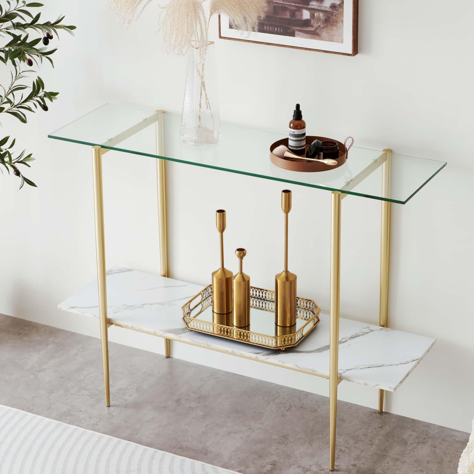 Extra Large Round Coffee Table, Mid-Century Modern Design, D34 x H17 in, for Living Room, 2-Tier Structure, Amber Glass Top and Walnut MDF Shelf, Sleek Conical Metal Legs with Gold Finish