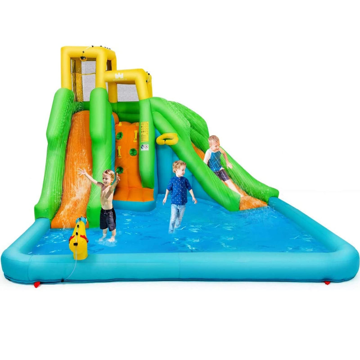BOUNTECH Inflatable Water Slide, 6 in 1 Giant Water Park for Outdoor with Dual Slides for Racing Fun, Climbing Wall, Blow up Water Slides Inflatables for Kids Backyard Party Gifts (Without Blower)