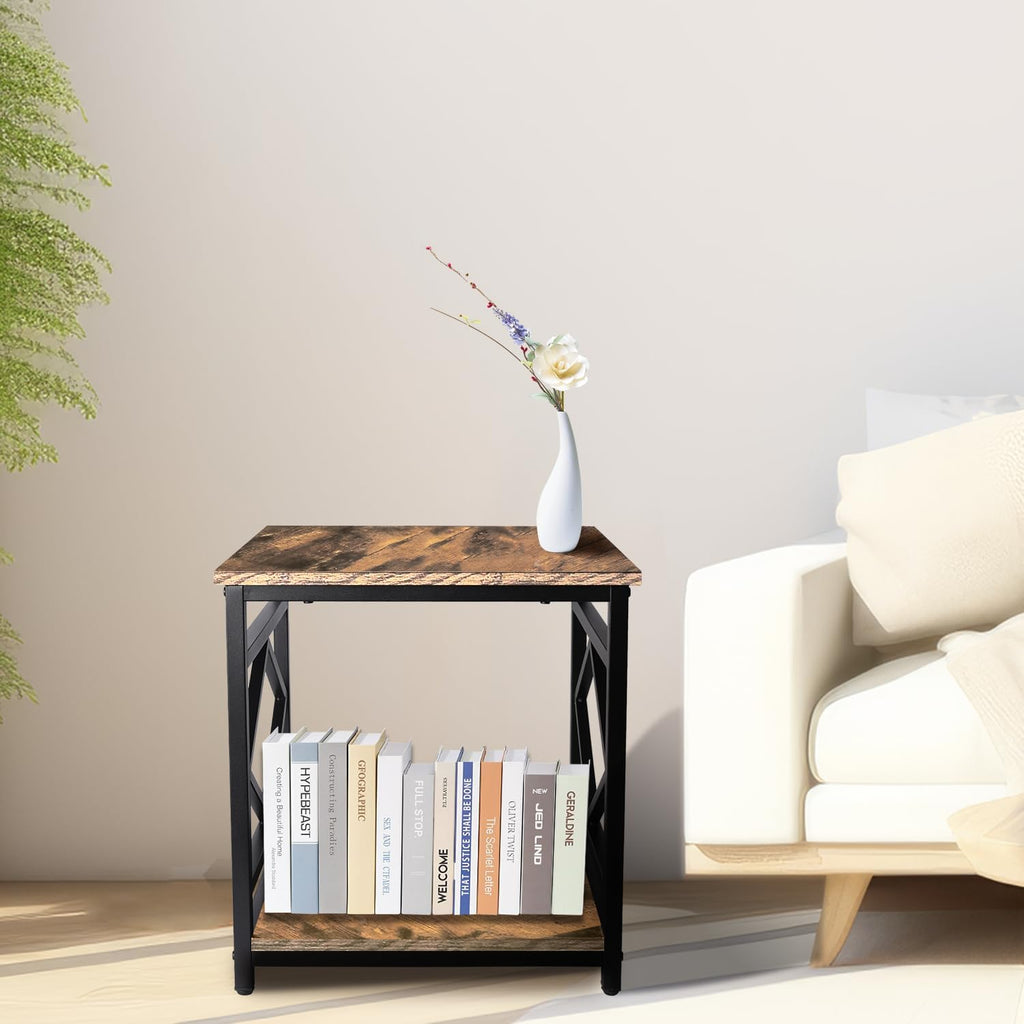 Mini Fridge Table with Storage Industrial End Table Square Bedside Table with Large Capacity Storage Metal Frame Nightstand Coffee Stand Printer Table for Living Room Bedroom Rustic Brown