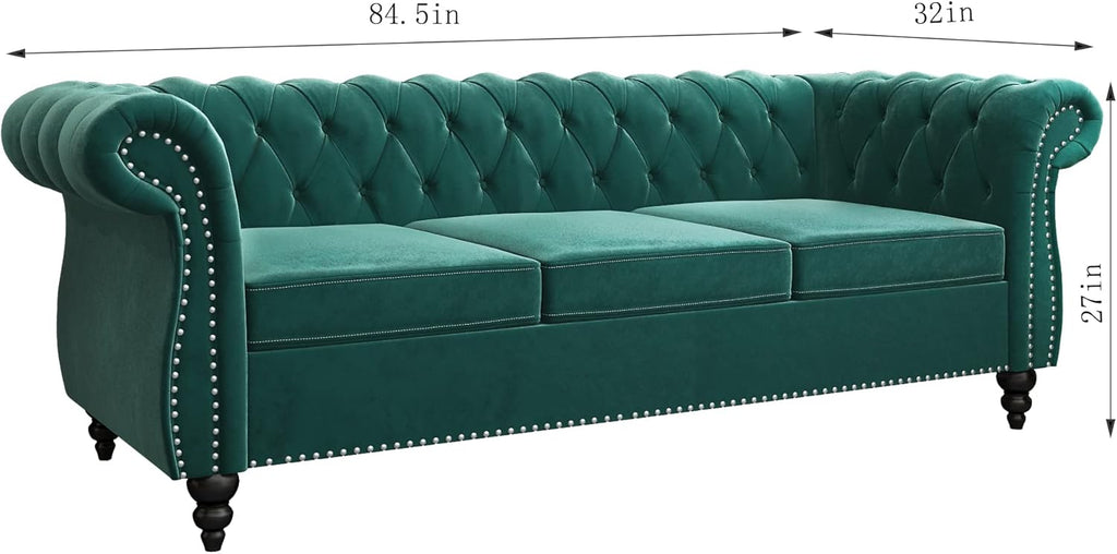 Chesterfield Sofa Velvet, Modern Tufted Couch 3 Seater with Rolled Arms and Nailhead for Living Room, Bedroom, Office, Apartment (Green)
