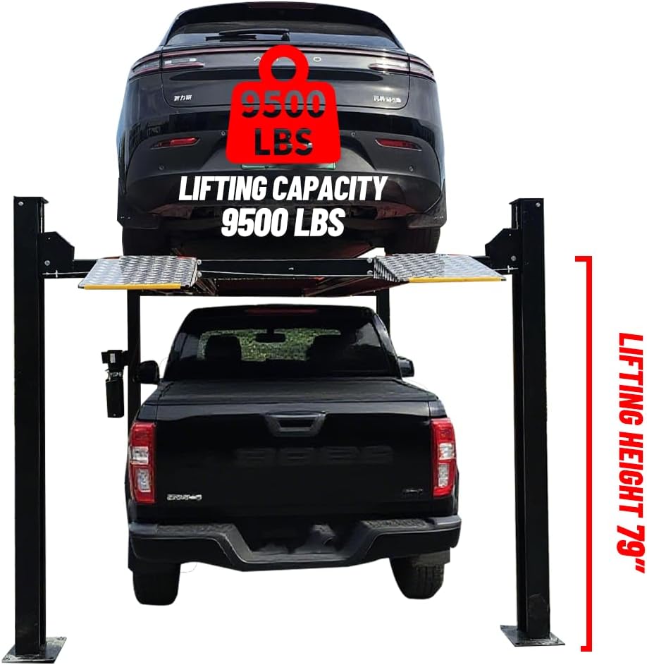 KATOOL 9500lbs 4 Post Lift with Moving Kits/Caster Aluminum Ramp Extra Height Four Post Lift 79" Lifting Height Storage Service Lift Home Parking Lift, 110v, 4H950