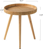 Round Rattan Side Table for Small Spaces, Boho Circle End Table Coffee Table with Solid Wood Leg for Living Room, Bedroom, Corners