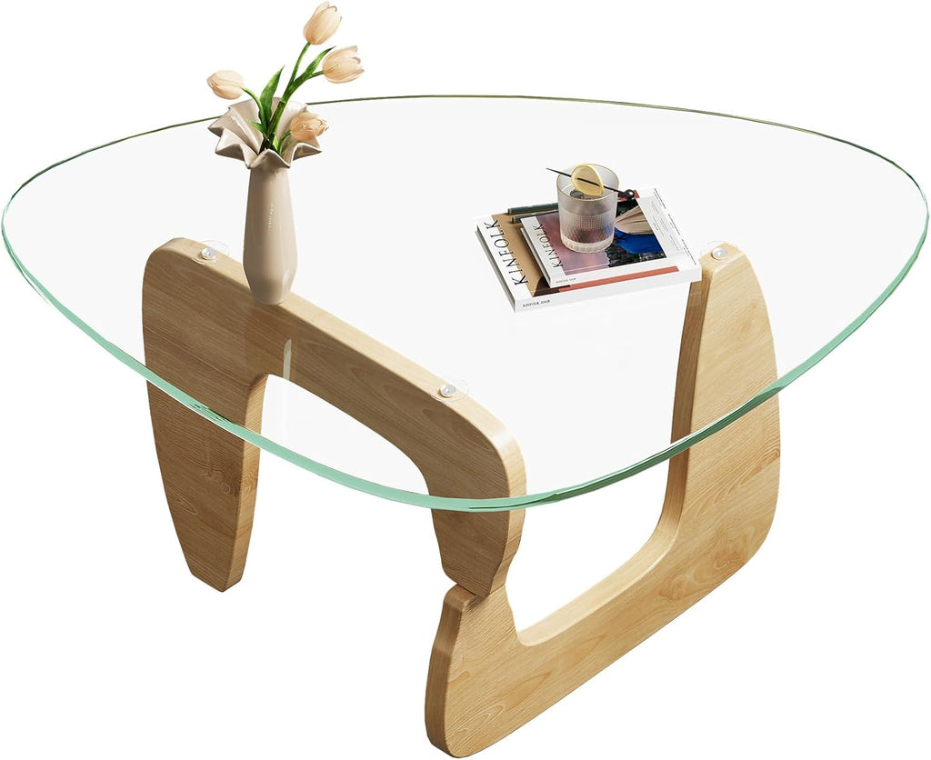 WLIVE Coffee Table, Small Glass Coffee Table with Solid Wood Legs, 32.7" Mid Century Triangle Living Room Tables, Modern Center Table for Small Spaces Living Room, Reception, Office, Natural