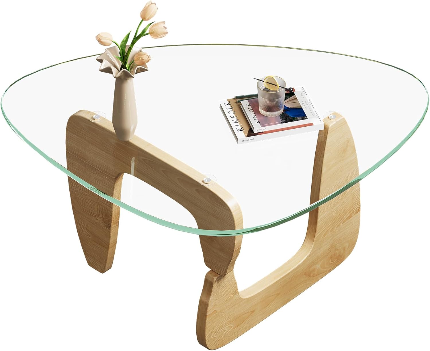 WLIVE Coffee Table, Small Glass Coffee Table with Solid Wood Legs, 32.7" Mid Century Triangle Living Room Tables, Modern Center Table for Small Spaces Living Room, Reception, Office, Natural