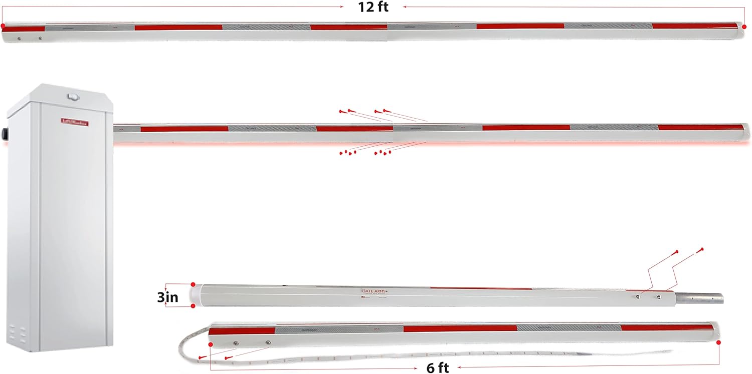 Parking Barrier Arm with LED Complete Kit 12ft 2 pieces X 6 ft Aluminum Round Replacement Arm for Gate Operator (With Red/Silver Stripes) DOT-C2 Reflective Safety Tape