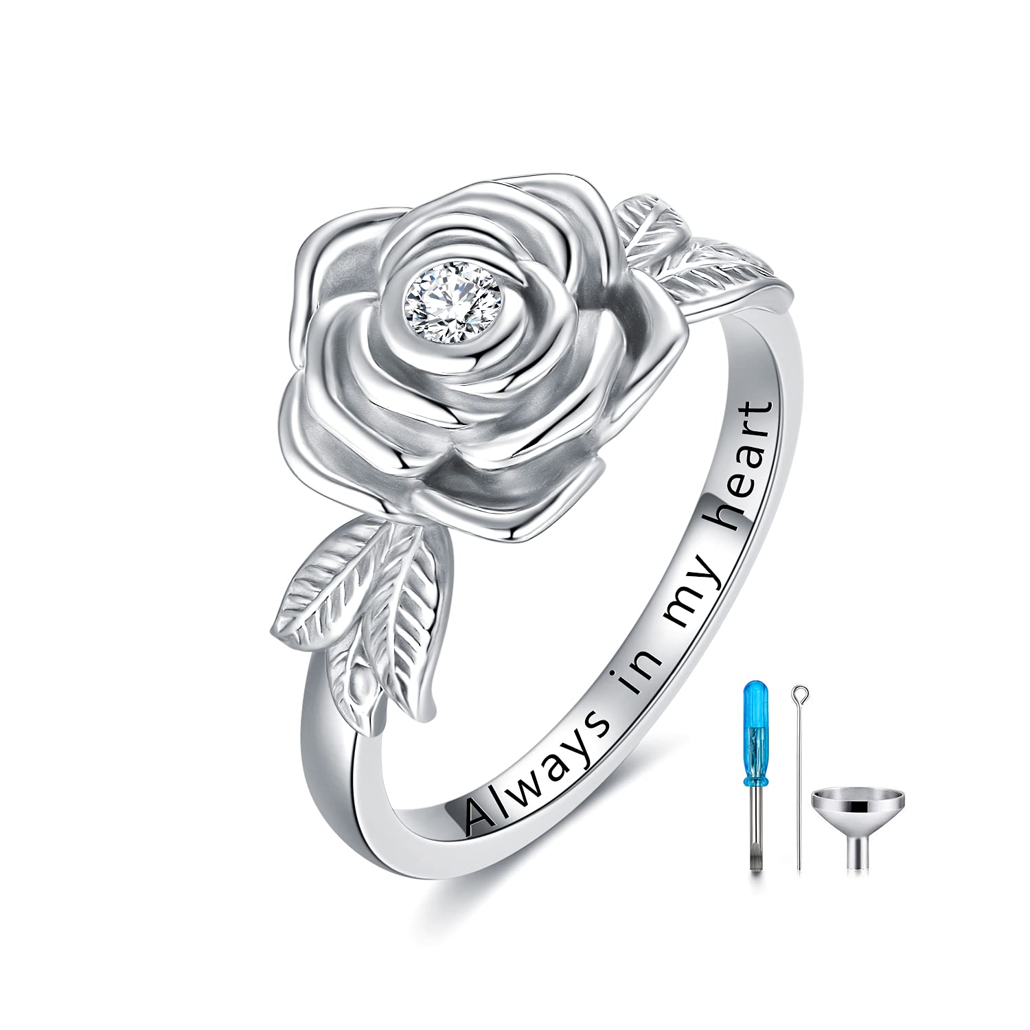 925 Sterling Silver Rose Flower Cremation Urn Ring Holds Loved Ones Ashes Cremation Keepsake Ring Jewelry Embellished with Crystals from Austria