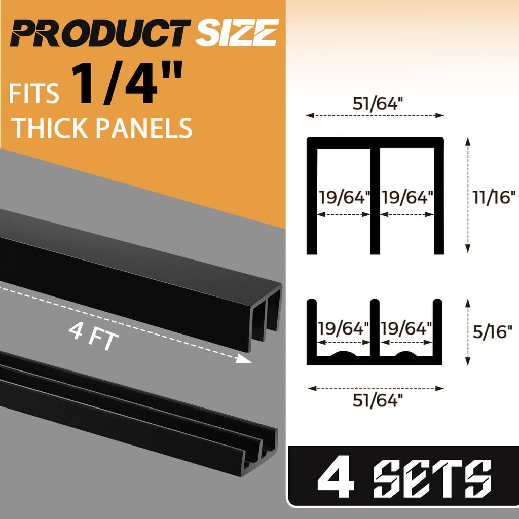 Landical 4 Sets 4 ft Long Plastic Sliding Cabinet Door Track Hardware Set for 1/4" Thick Panels Glass Window Cabinet Door Track for Sliding Closet Doors, Easy Quick Installation (Black)