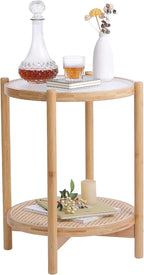 Tiita Rattan Coffee Table, Round End Table, 19.7Inch Modern Side Table, Small Bamboo Living Room Side Table, Glass Sofa End Table for Balcony and Office Outdoor/Indoor (Wood)