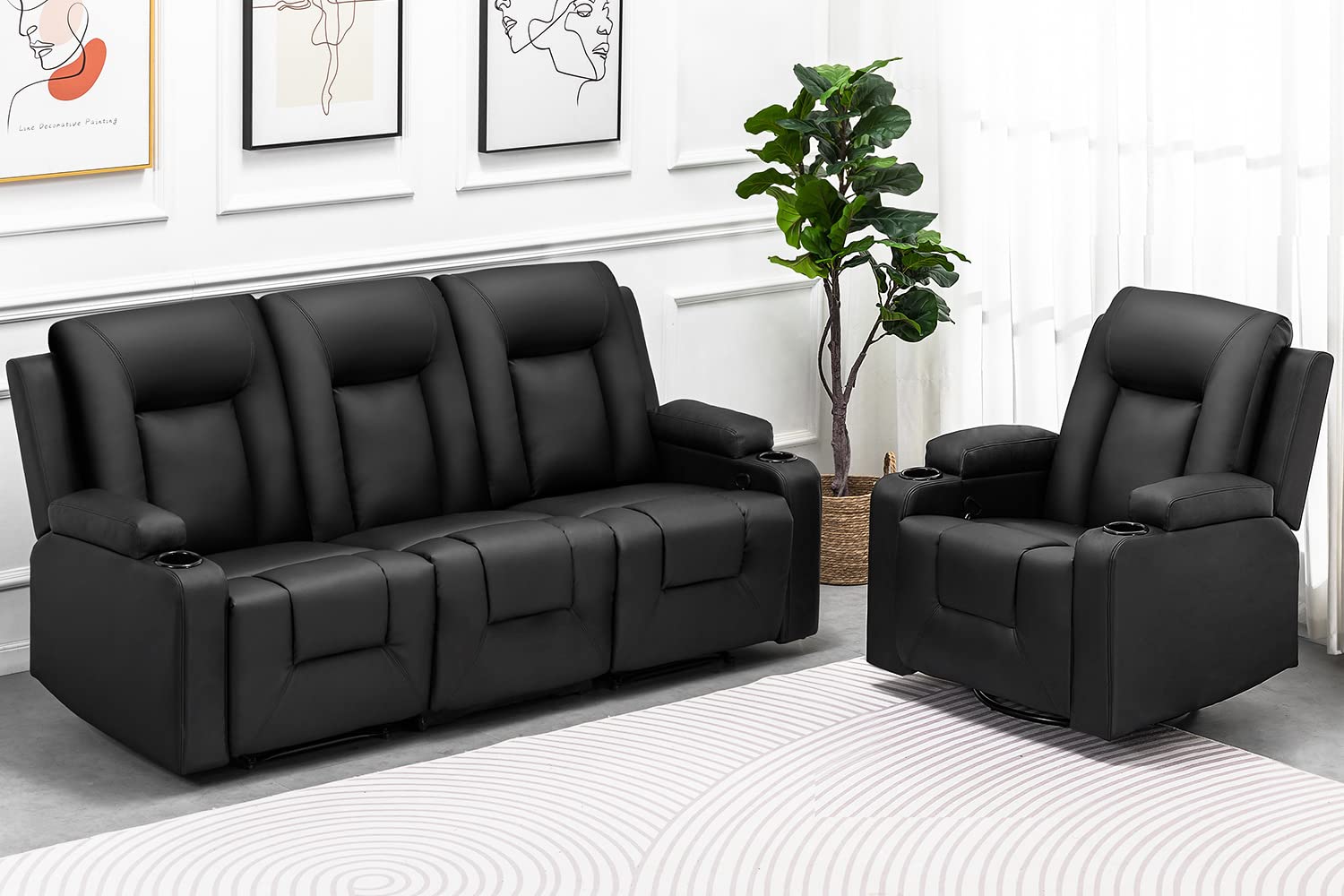 COMHOMA Recline Chair Set，Furniture 2PC Bonded Leather Recliner Set Living Room Set, Sofa, Loveseat（Black,Living Room Set3+2）