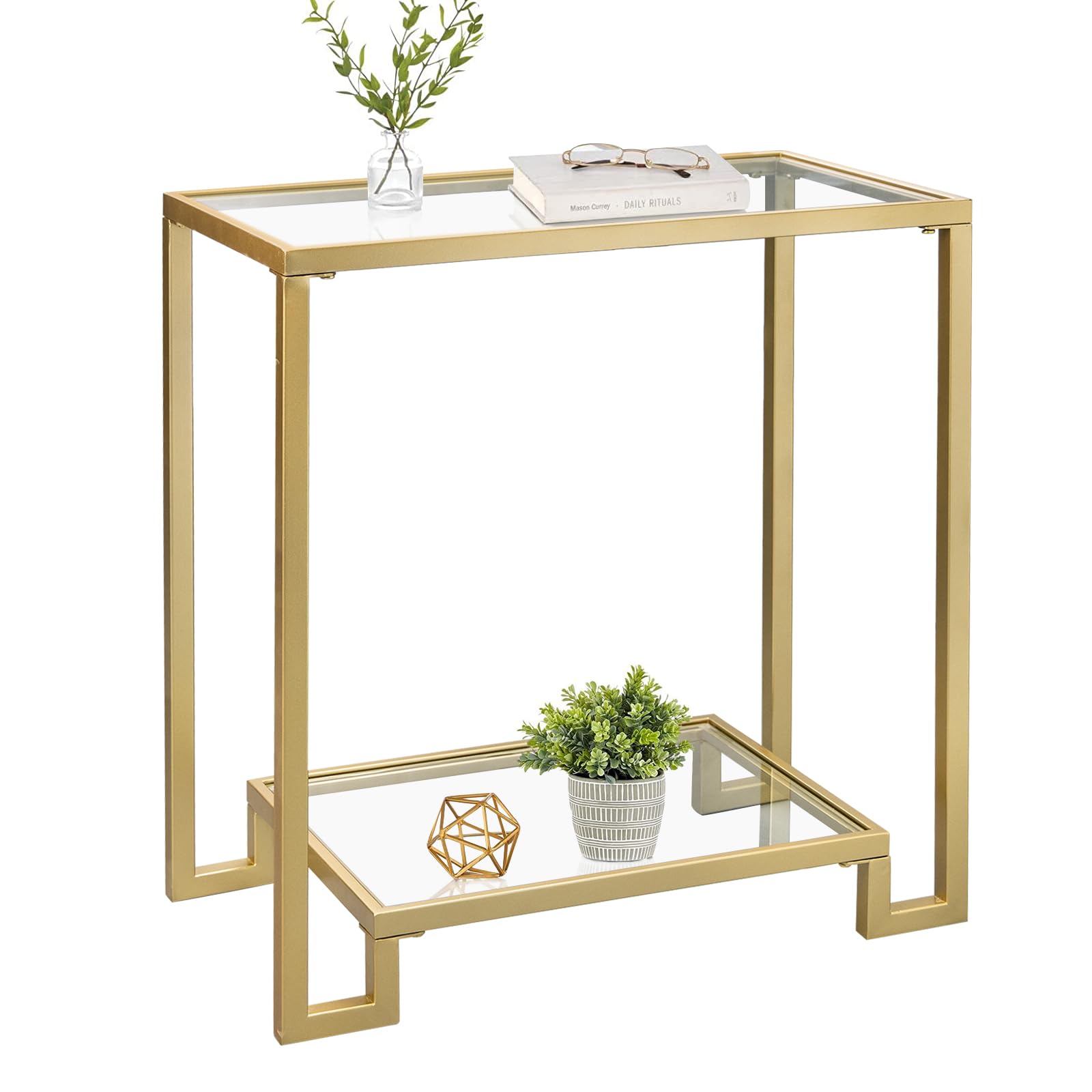 2 Tier Rectangular Side Table, Black End Table with Glass Top, Modern Metal Clear Coffee Tables，Small Accent Tables for Living Room, Bedroom, 22" x 12.4" x 24"