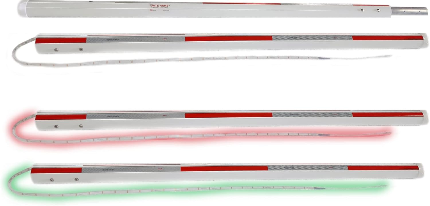 Parking Barrier Arm with pole, LED, and Wiring harness Complete Kit 15ft Driveway Area 17ft Overall 2 pieces of 8.5ft each Aluminum Round Replacement Red/Silver Stripes DOT-C2 Reflective Safety Tape