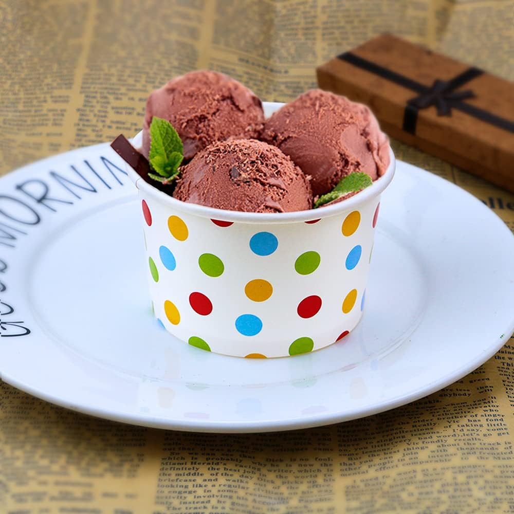 CZWESTC 50 Pcs 9oz Paper Ice Cream Cups, Disposable Dessert Bowls for Hot or Cold Food, Party Supplies Treat Cups for Sundae, Frozen Yogurt, Soup,Colored Dots