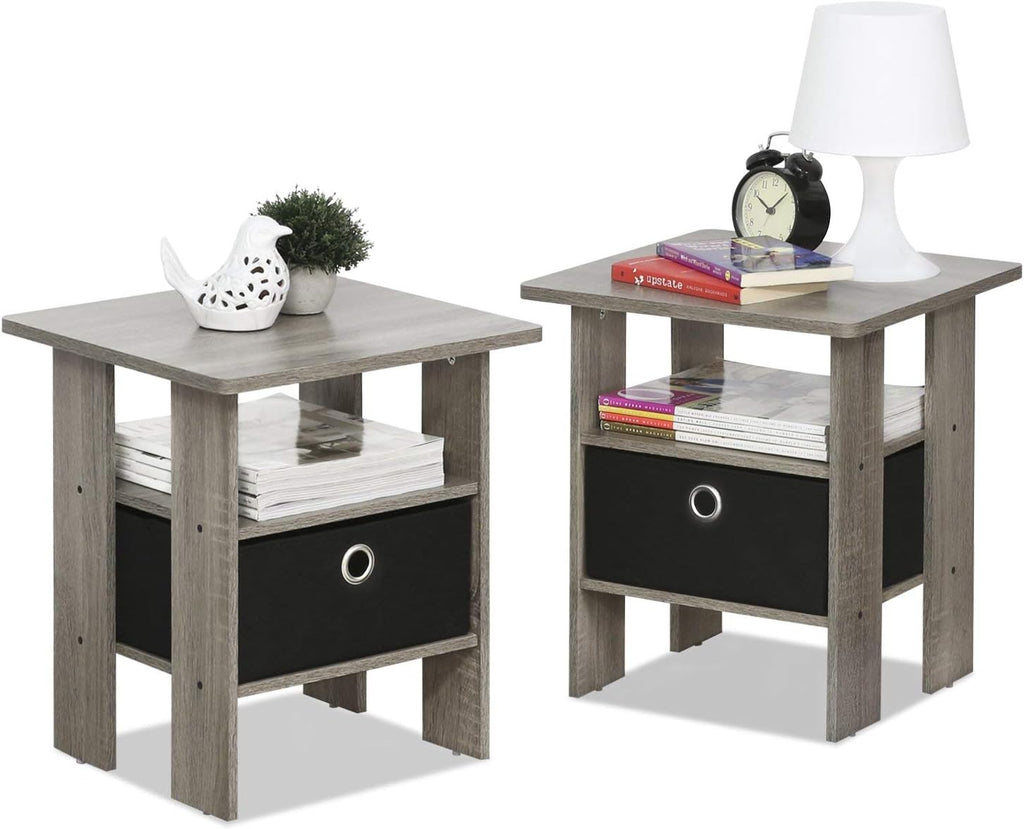 Furinno Andrey Set of 2 End Table / Side Table / Night Stand / Bedside Table with Bin Drawer, French Oak Grey