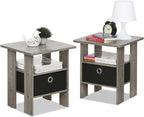 Furinno Andrey Set of 2 End Table / Side Table / Night Stand / Bedside Table with Bin Drawer, French Oak Grey