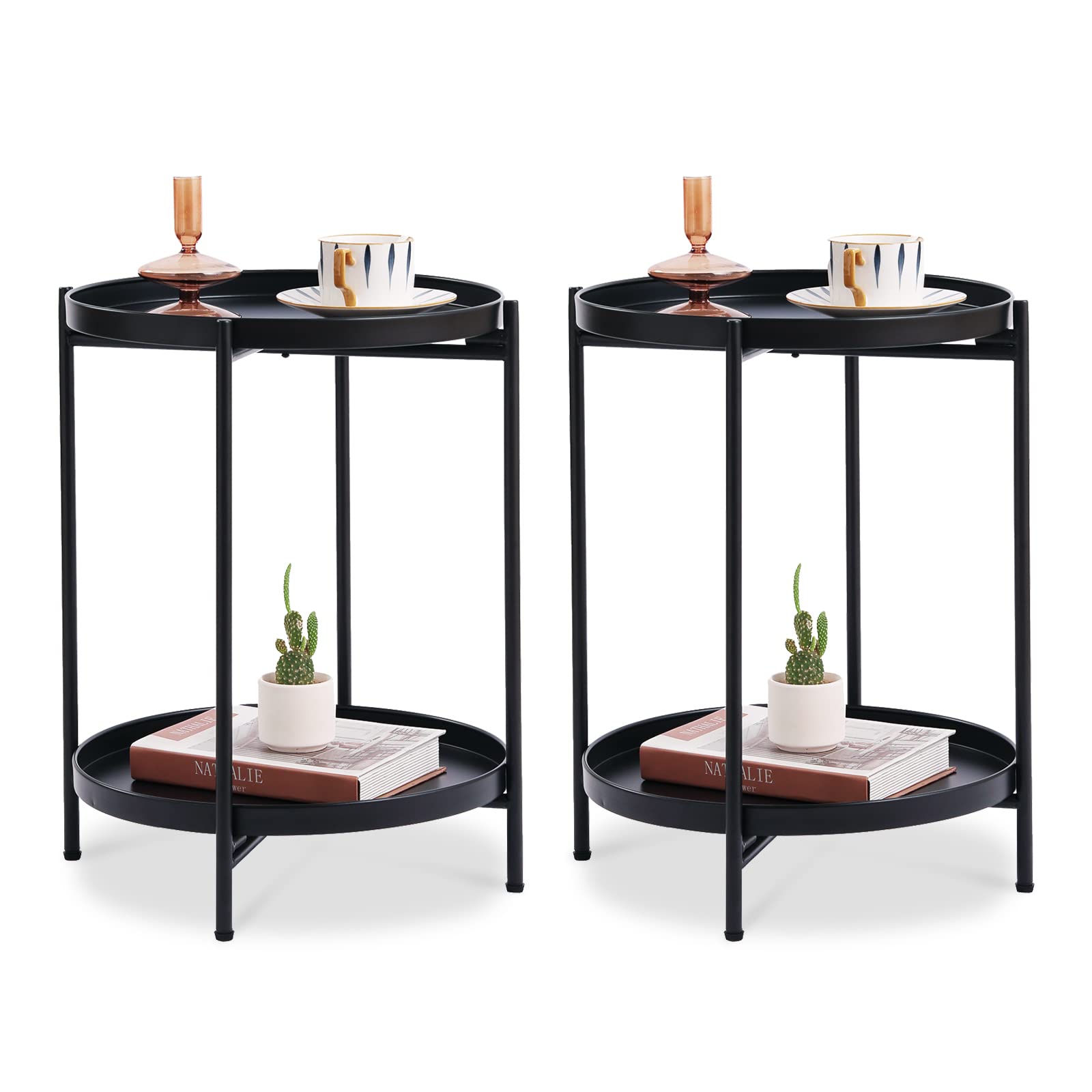 Tiita 2 Pack Round End Table Mental Side Table Nightstand/Small Wood Tables Accent Coffee Table with Wooden Tray for Living Room Bedroom Office Small Space