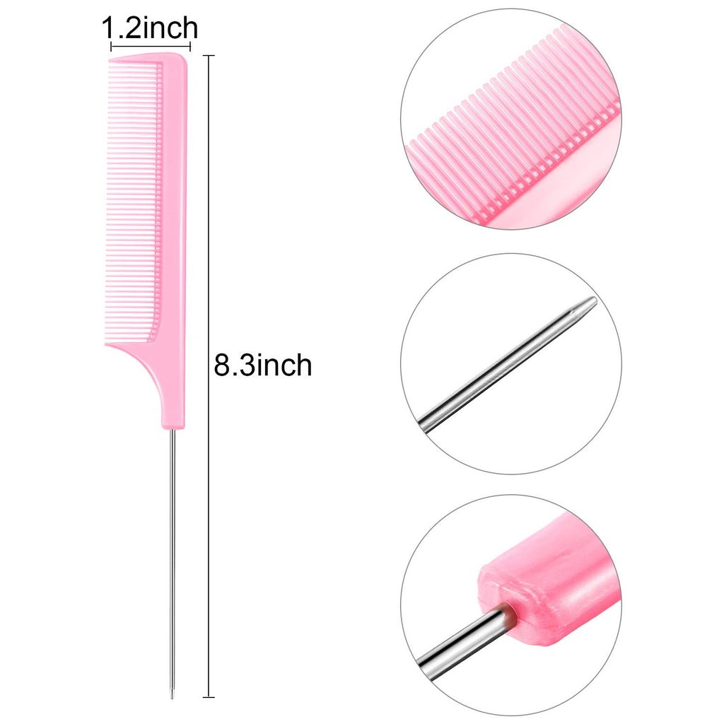 16 Pcs Rat Tail Comb Foiling Steel Pin Rat Tail Fiber Heat Resistant Teasing Combs with Pintail for Women Girls Hair Styling(Black and Pink)