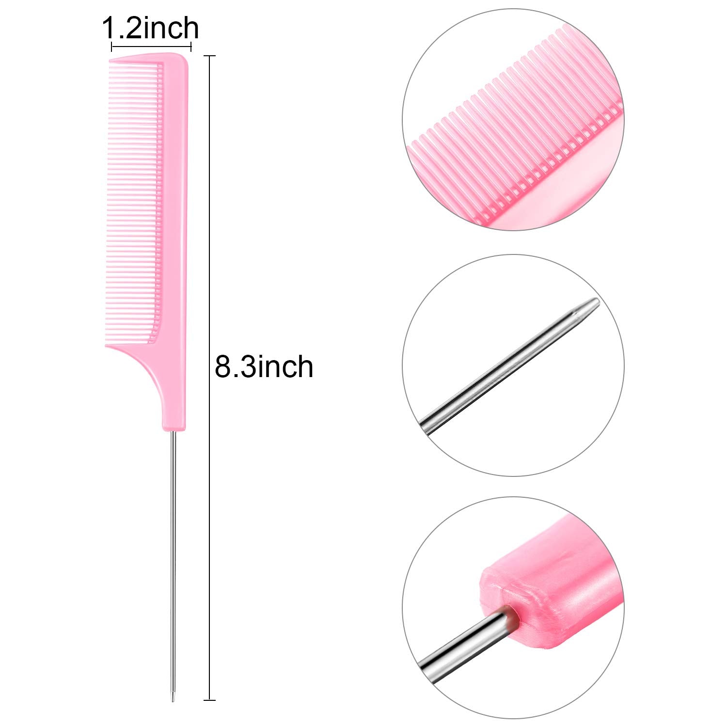16 Pcs Rat Tail Comb Foiling Steel Pin Rat Tail Fiber Heat Resistant Teasing Combs with Pintail for Women Girls Hair Styling(Black and Pink)