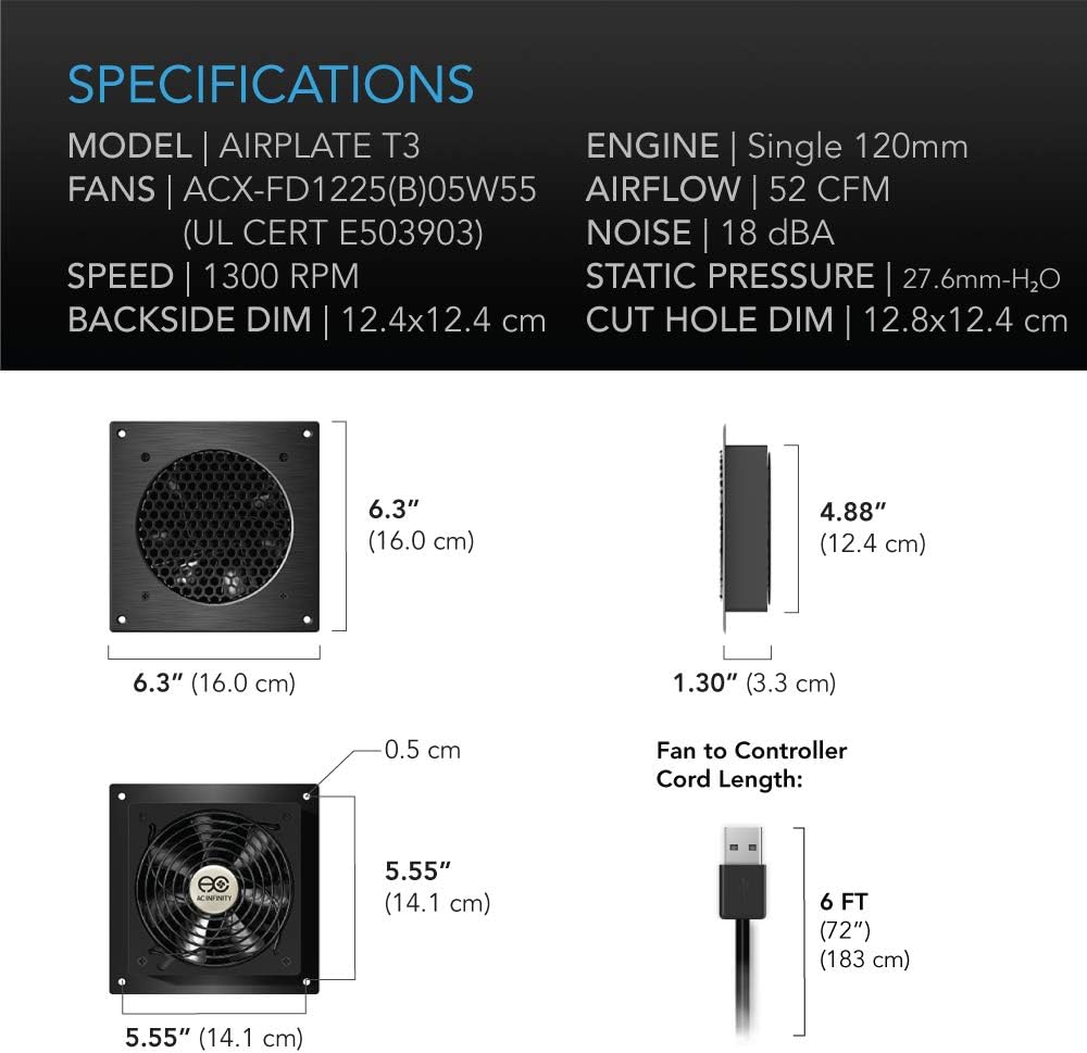 AC Infinity AIRPLATE T3, Quiet Cooling Fan System 6" with Thermostat Control, for Home Theater AV Cabinets