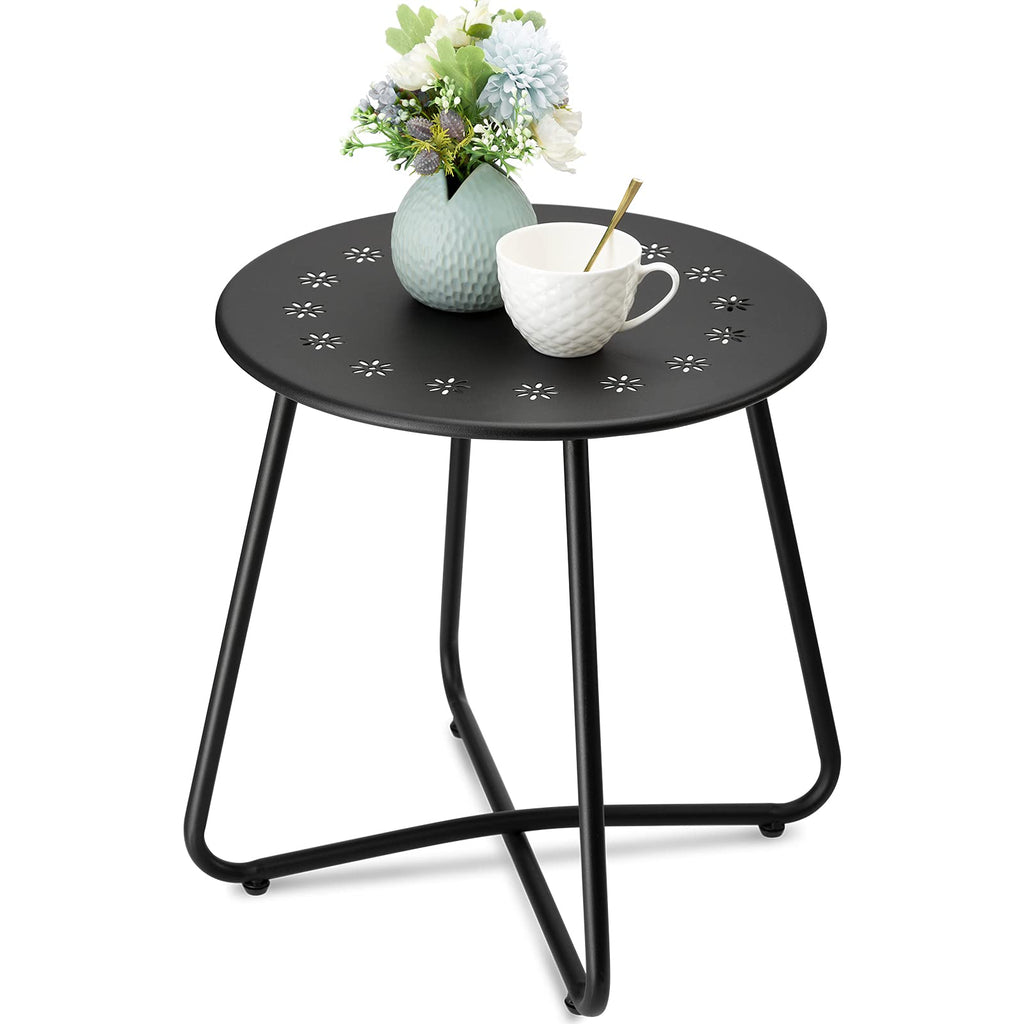 danpinera Outdoor Side Tables with Flower Cut Outs, Weather Resistant Steel Patio Side Table, Small Round Outdoor End Table Metal Side Table for Patio Yard Balcony Garden Navy Blue