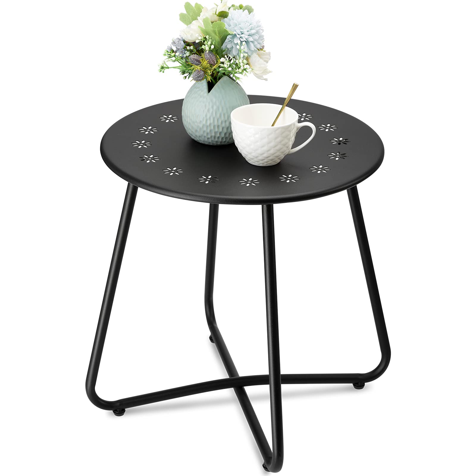 danpinera Outdoor Side Tables with Flower Cut Outs, Weather Resistant Steel Patio Side Table, Small Round Outdoor End Table Metal Side Table for Patio Yard Balcony Garden Navy Blue