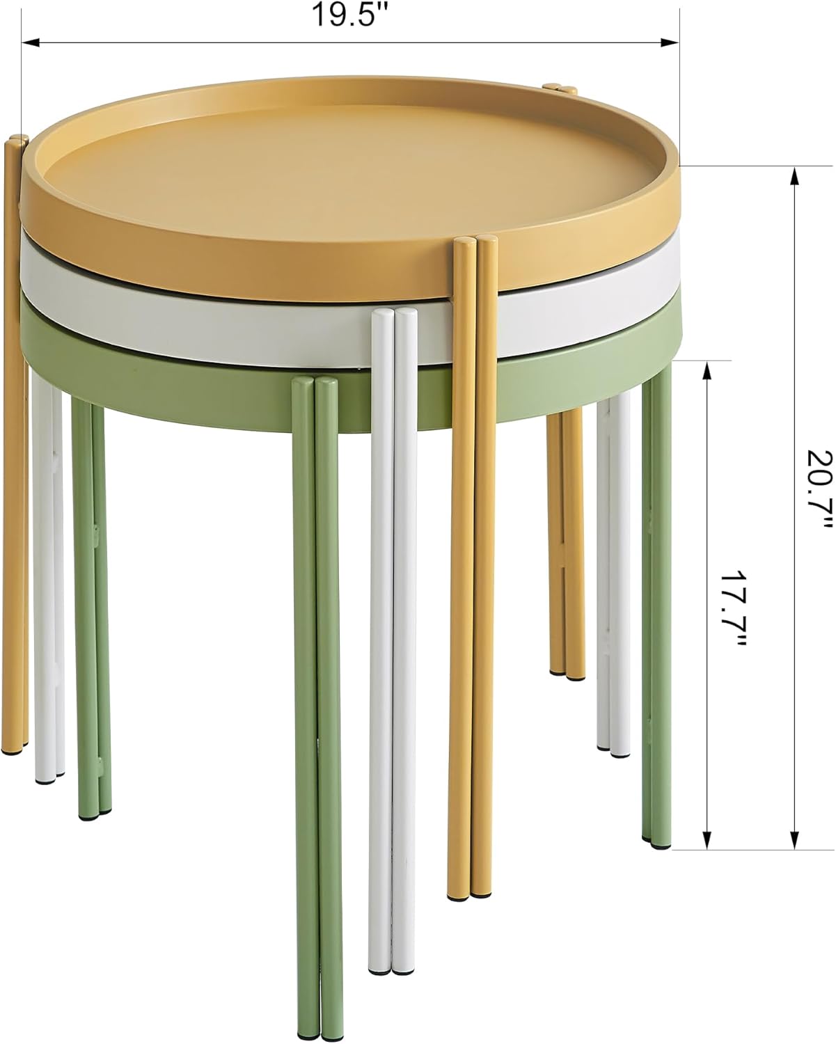 Stackable Nesting Plastic Coffee Table with Metal Legs, Outdoor End Table Set, Colorful Nightstands, Color Fun Living, Beding, Patio Table Sets, Quick Assembly, Set of 3, (Yellow, White, Green)