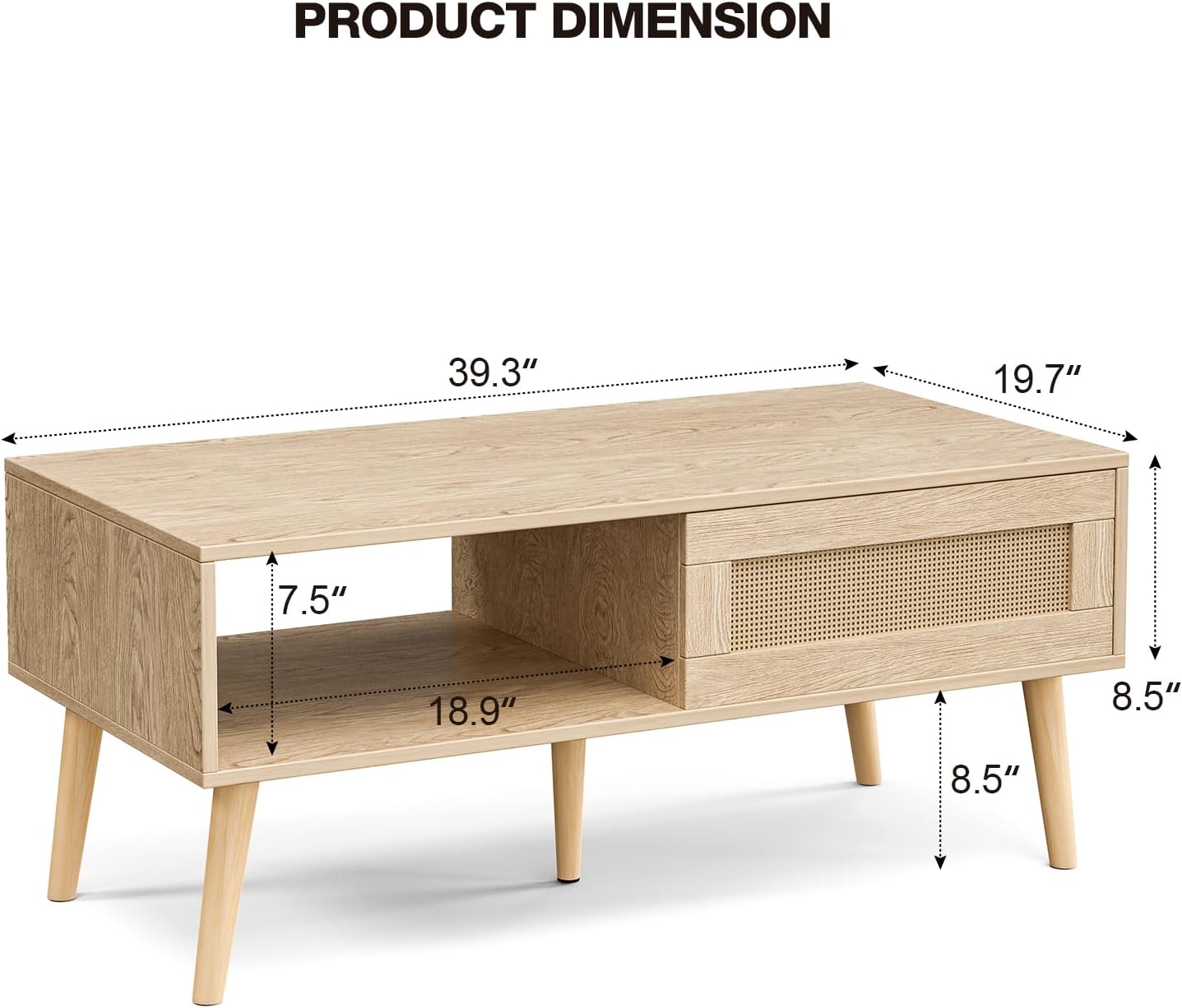 Wood Coffee Table with Storage, Boho Dining Table with Sliding Rattan Door Panel and Solid Wood Legs, Small Coffee Tables for Living Room, Oak (Oak_LSJ008)