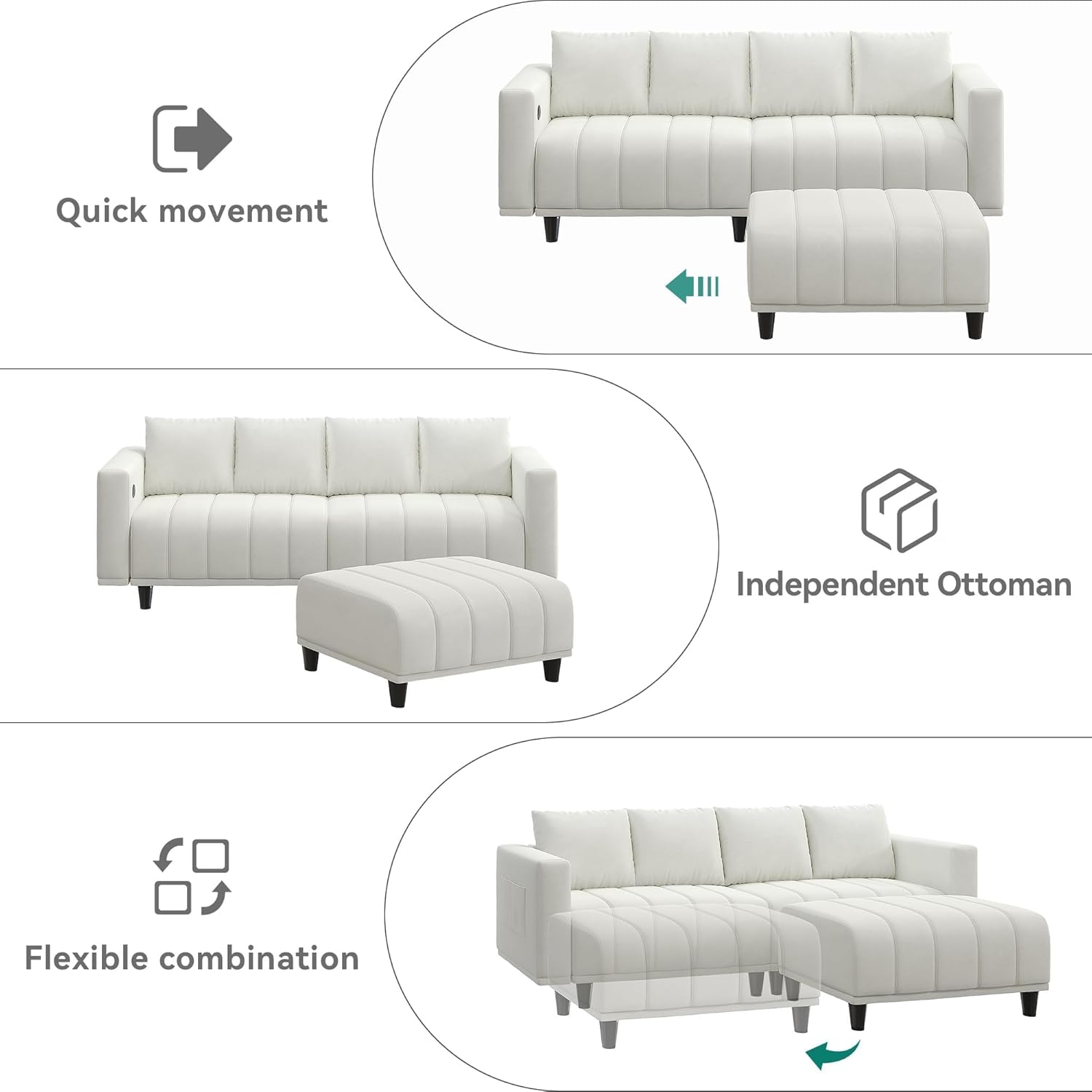 YITAHOME Sectional Sofa with Ottoman, L Shaped Couch Velvet Comfy Modern Sofa 3 Seater Cloud Couch with USB & Type-C Ports for Living Room Apartment, Beige