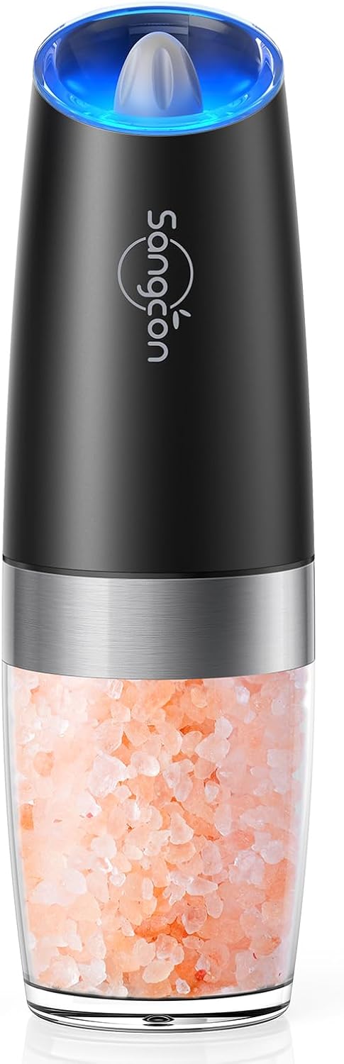 Sangcon Gravity Electric Pepper and Salt Grinder Mill Automatic Shaker Grinder with LED Light, Battery Powered Adjustable Coarseness One Hand Operation, Upgraded Larger Capacity, 1pc