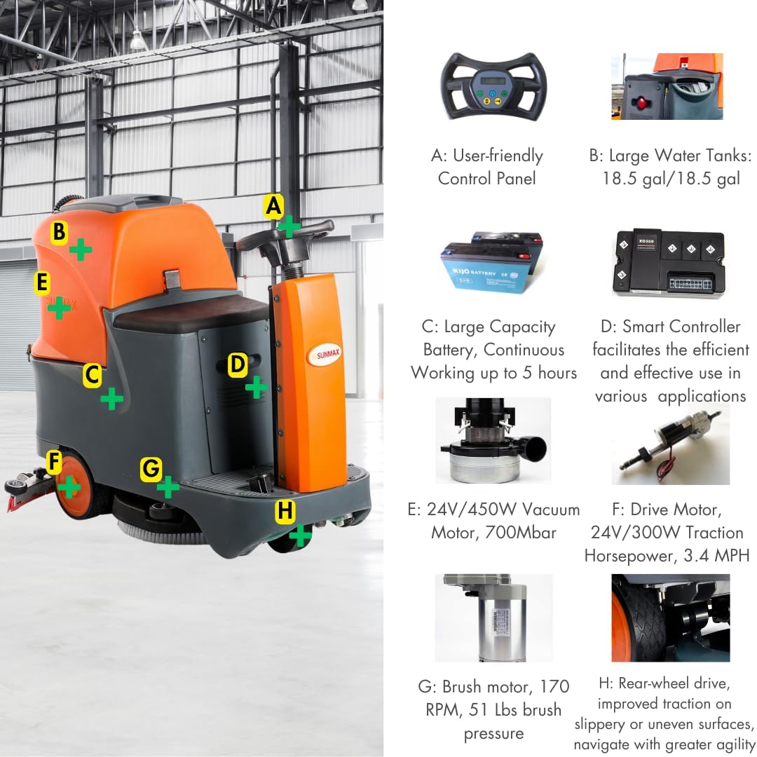 Ride-On Floor Scrubber Machine, 22" Brush, Complete Set of Parts, 5 Hours Continuous Working Time, 18.5 Gal Tanks, 48,000 Sqft/H Efficiency RT70