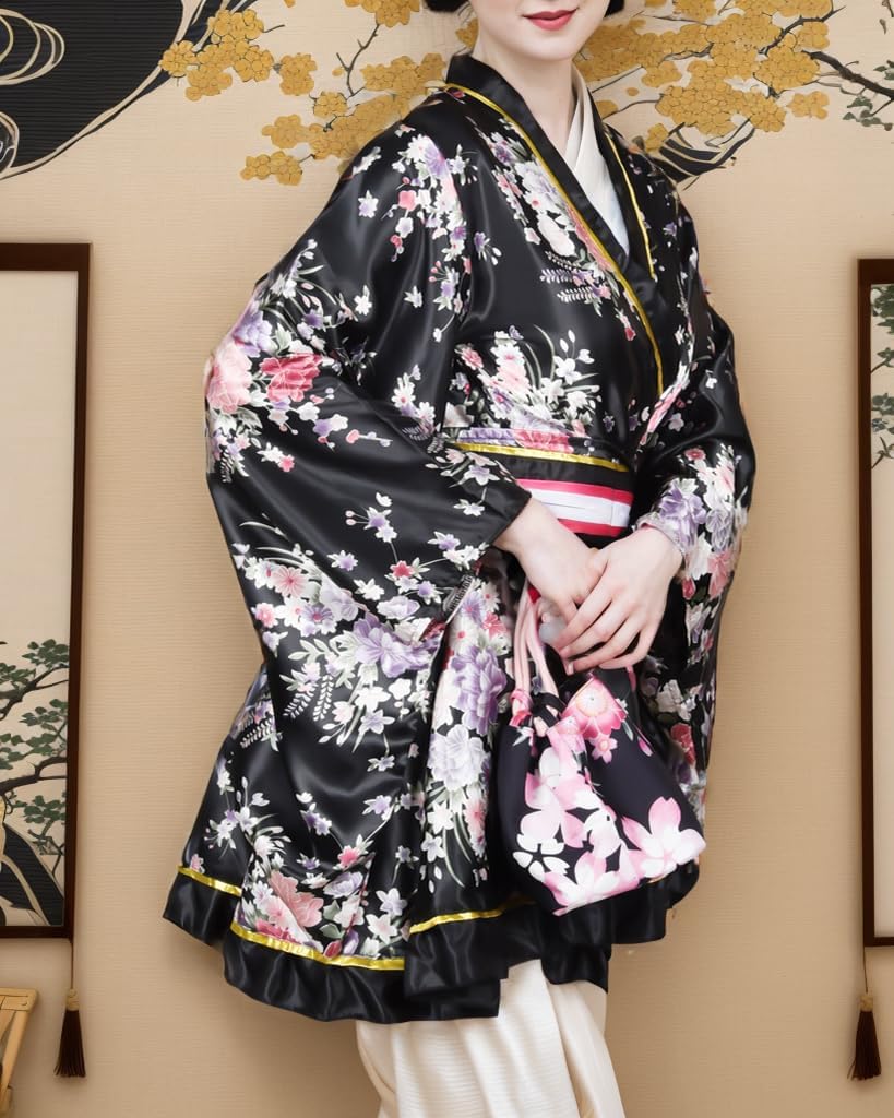 PLULON 5 Pcs Women's Japanese Kimono Robe Short Floral Print Kimono Dress Sexy Geisha Yukata Satin Bathrobe with Accessories