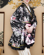 PLULON 5 Pcs Women's Japanese Kimono Robe Short Floral Print Kimono Dress Sexy Geisha Yukata Satin Bathrobe with Accessories