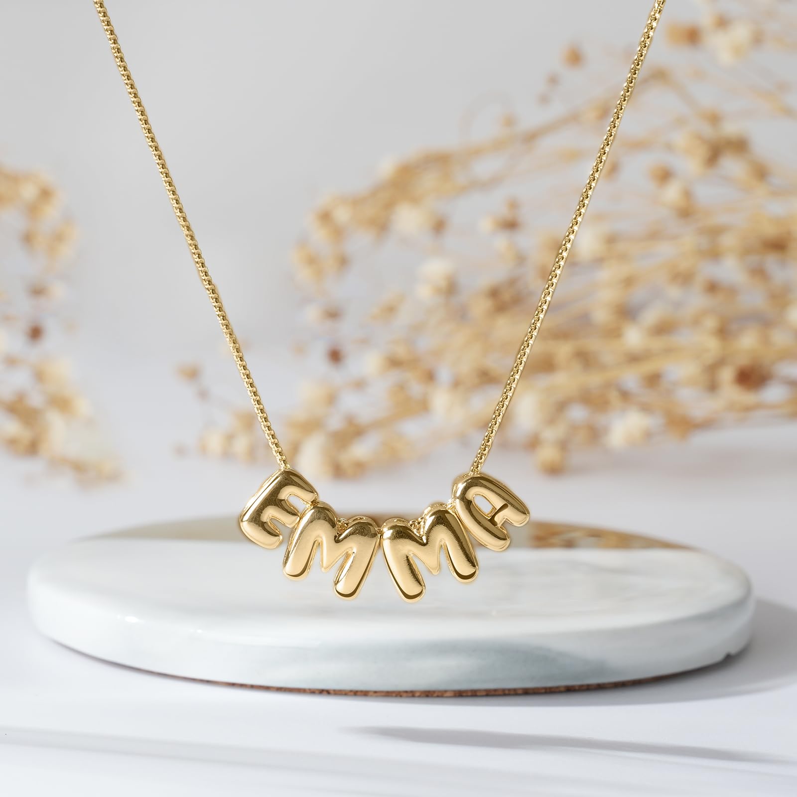 Custom Bubble 3D Letter Necklace Personalized Name Necklace 14K Gold Christmas Personalized Gifts Initial Necklace Dainty Charm Balloon Handmade Jewelry for Women Customized Alphabet Pendant A-Z