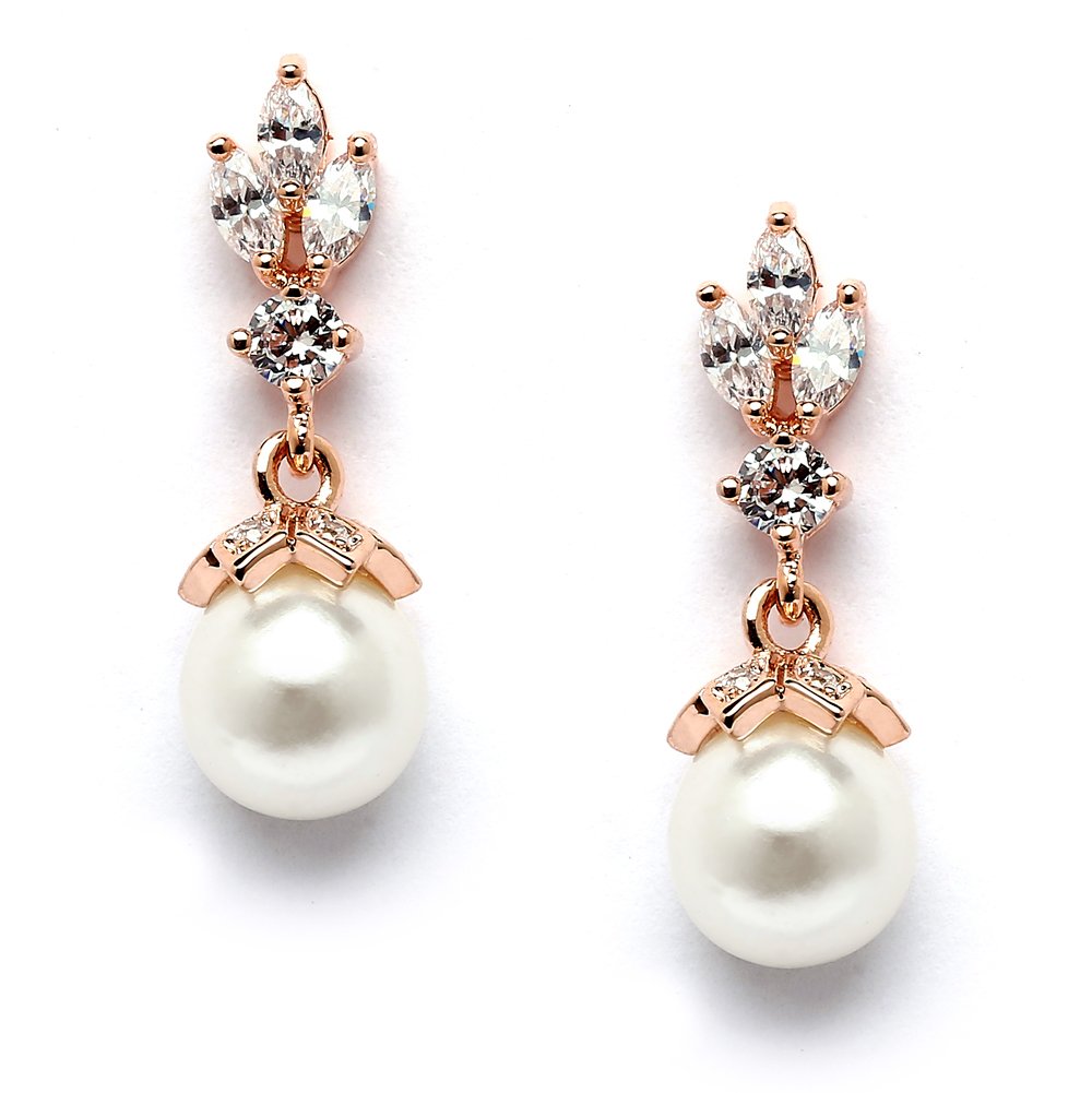 Mariell Pearl Drop Wedding Earrings, 8MM Ivory Shell Pearls, Cubic Zirconia Crystal and Pearl Earrings for Brides, Bridesmaid, Prom and Mother of the Bride
