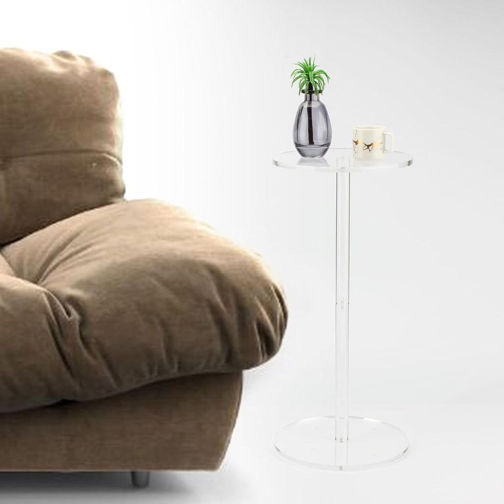 Acrylic Drink End Table, Clear Drink Table for Small Spaces with Anti-Slip Pads, 9.8" Round Modern Side Coffee Table for Living Room/Bedroom/Bathroom/Office/Outdoor/Business, Easy to Install