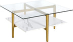 Otto 32" Wide Square Coffee Table with Faux Marble Shelf in Brass