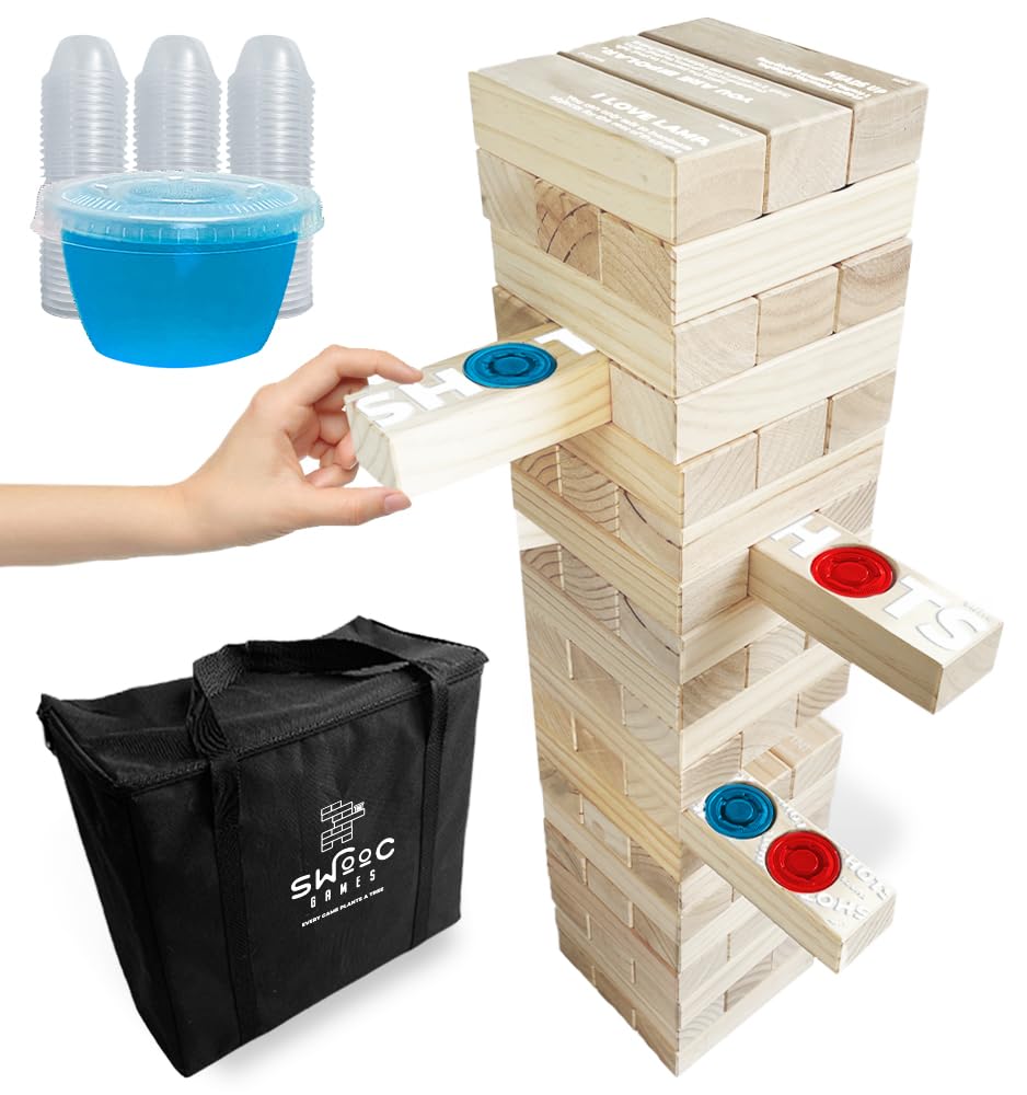 SWOOC Games - Giant Tower Party Game with Hidden Shots Holes & 60 Commands - Includes 60 Blocks, 104 Disposable Cups with Lids & Carrying Case - Tipsy Topple Game - 2.5ft - Grows to 5ft