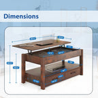 Lift Top Coffee Table with Hidden Compartment & 2 Storage Shelves - Living Room Dining Table with Rising Tabletop Lifttop Desk for Apartment, Home, Condo - Rustic Brown