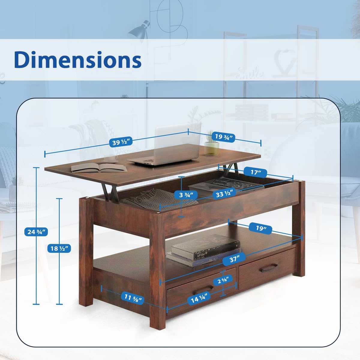Lift Top Coffee Table with Hidden Compartment & 2 Storage Shelves - Living Room Dining Table with Rising Tabletop Lifttop Desk for Apartment, Home, Condo - Rustic Brown