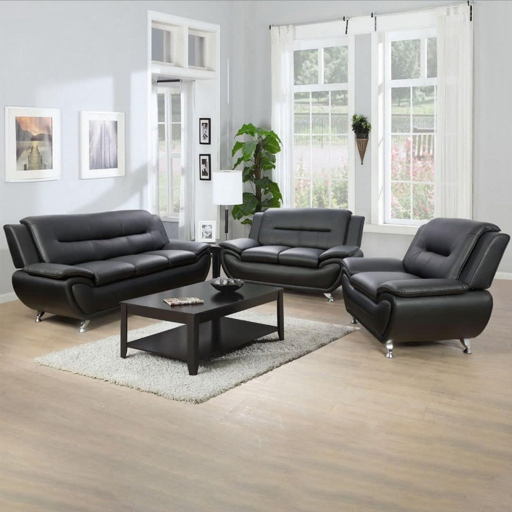 3 Piece Living Room Couch Set, Faux Leather Sofa Set, Modern Sofa Couch Set Living Room Furniture (Sofa+Loveseat+Chair, Black)
